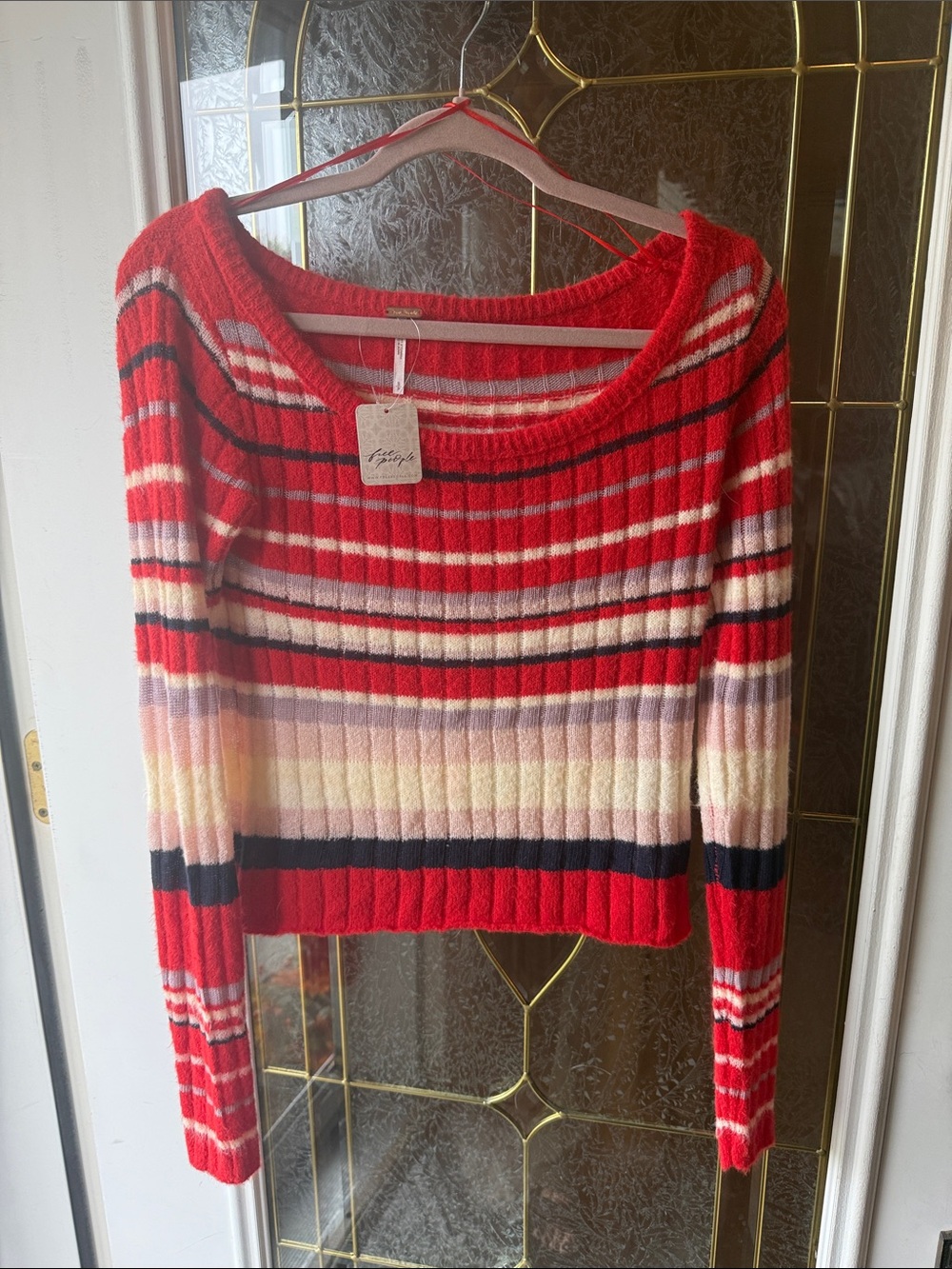 Free People LUMAN STRIPE PULLOVER Red Multi-Stripe Ribbed Crewneck Sweater
